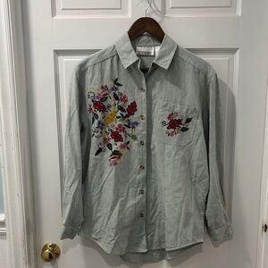 Vintage Casey&Max Women’s Fall Leaves Embroidered Top Green/White Stripe Size M